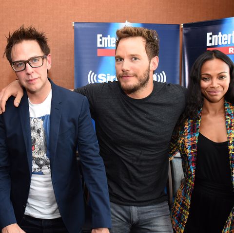 Kurt Russell and James Gunn with actors Chris Pratt and Zoe Saldana in 2016