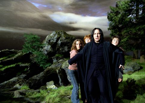 A still from Harry Potter and the Prisoner of Azkaban, featuring Hermione, Ron, Snape and Harry