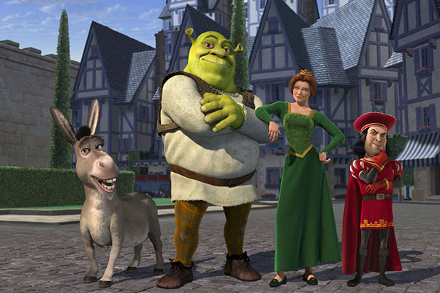 Fiona, Donkey, Shrek, Lord Farquaad are shown in the 2001 film "Shrek" from DreamWorks.